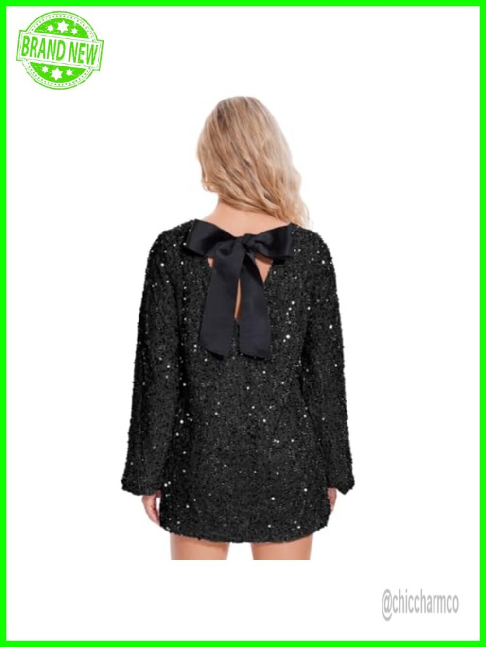 Sequin Long Sleeve Mini Dress with Bow Back Party Night Out